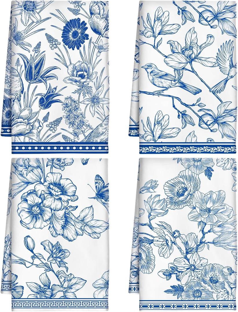 Chinoiserie Floral Kitchen Towels - Set of 4 Blue White Decor Tea Towels Flowers Bird Microfiber Hand Drying Dish Towels Decorative for Home Farmhouse Cooking Baking Cleaning Wipes
