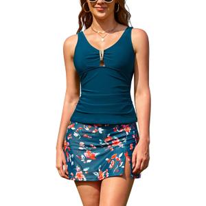 SHEKINI Womens Tankini Bathing Suits with A-Line Skirt Bottom Two Piece V Neck Tummy Control Swimsuits Ladies Swimwear (M)