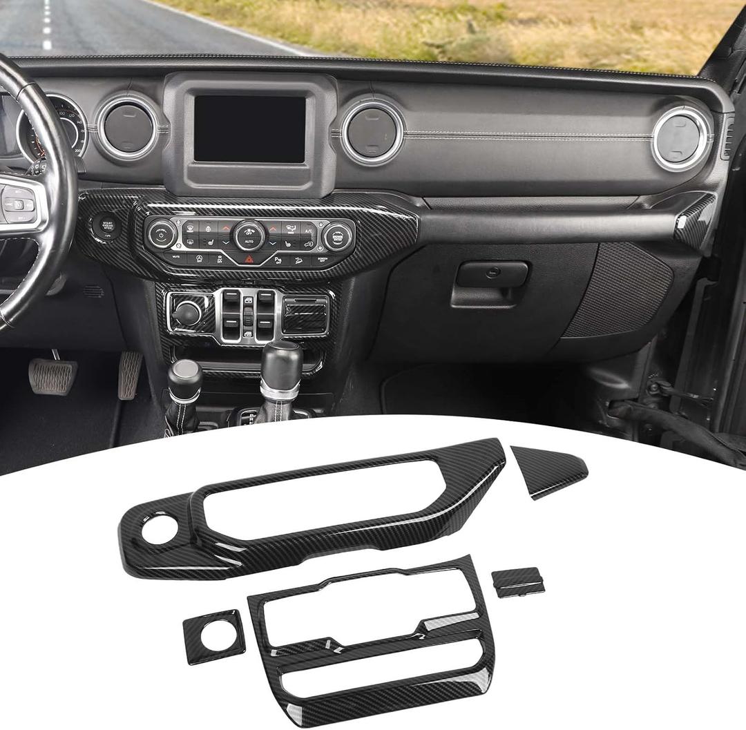 For Jeep JL Center Console Dashboard AC Control Panel Trim Cover for 2018-2023 Jeep Wrangler JL JLU & for Jeep Gladiator JT 2020-2023 Black Carbon Fiber Interior Accessories 5pcs