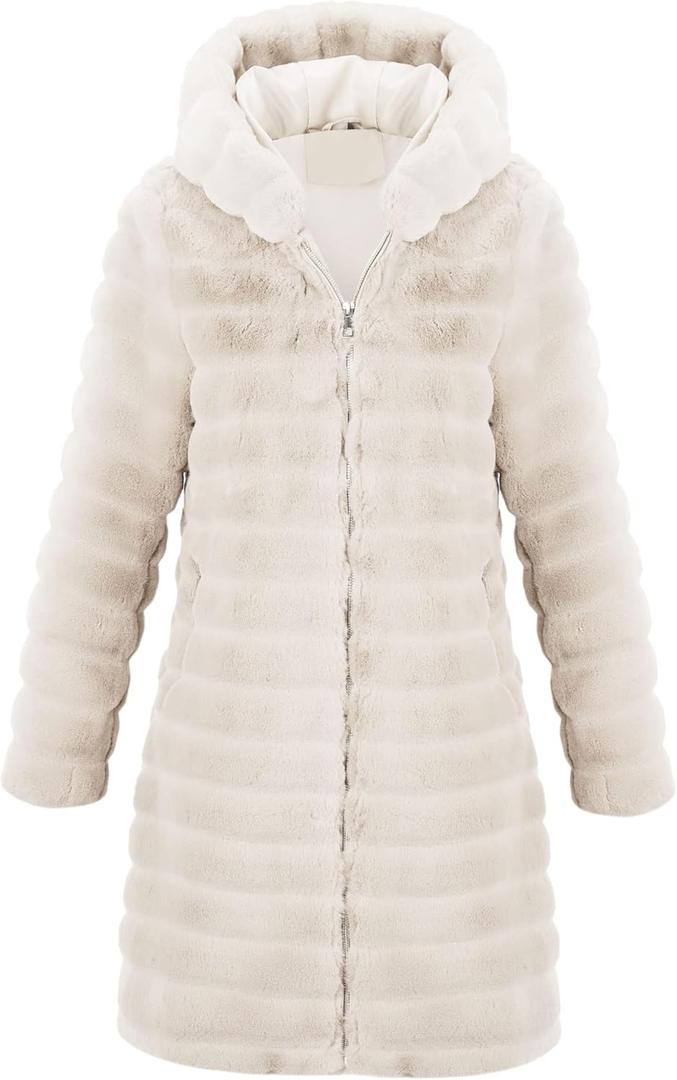 RISISSIDA Women Long Faux Fur Coat Fuzzy Jacket Hooded Winter Fall Warm Overcoat (Small, Beige-horizontal Texture)