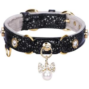 PetsHome Cat Collar, Dog Collar, [Bling Rhinestones] PU Leather Adjustable Pet Collar with Luxury Pendant for Big Cat and Small to Medium Dog Small Black (Small (Pack of 1))