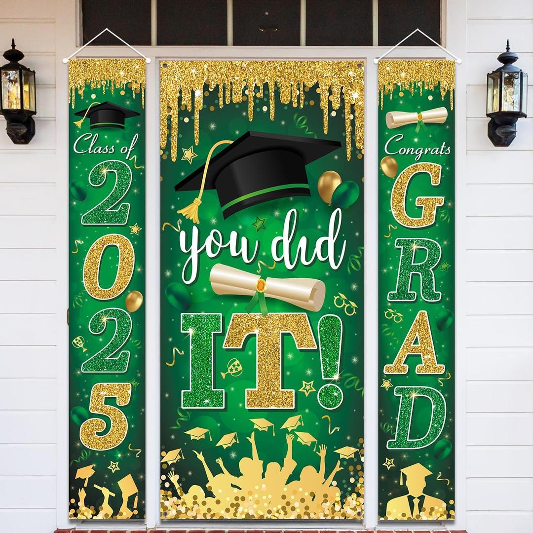 Green & Gold Graduation Decorations - Congrats Grad Banner & 'You Did It' Door Cover for High School & College Graduation Parties