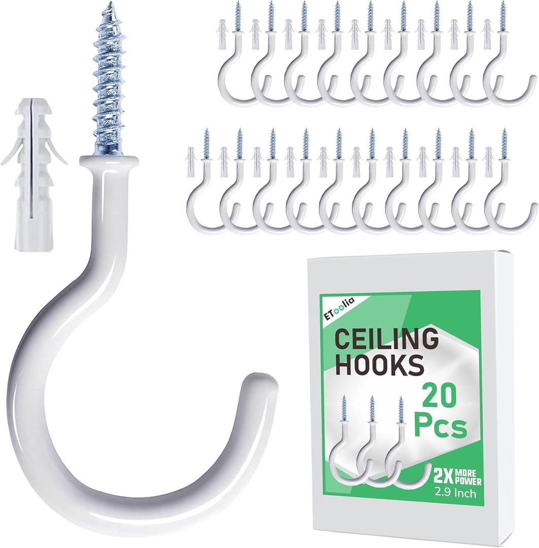 20 Pcs Ceiling Hooks for Hanging Plants - 2.9 inches Heavy Duty, Hanging Hooks for Christmas Lights, Cups, Decors - White Vinyl Coated Screw in Plant Hanger Hook Indoor and Outdoor