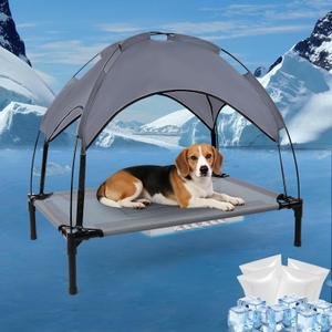 34.3'' Outdoor Elevated Dog Bed with Canopy, Raised Dogs Bed Small Medium Size Dogs with Four Ice Pack, Breathable Cooling Dog Cot Beds, Outdoor Dog Hammock Bed, Outside Pet Bed(Small)