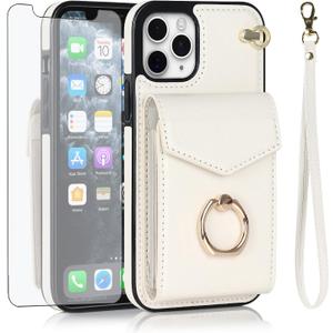 Asuwish Phone Case for iPhone 11 Pro 5.8 Wallet Cover with Tempered Glass Screen Protector and RFID Blocking Ring Stand Card Holder Cell Accessories iPhone11pro iPhone11 i XI 11s 11pro Women Off White
