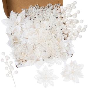 24Pcs Christmas Poinsettia Artificial Flowers and Glitter Berries Kit, 2 Styles Total 16Pcs Christmas Tree Flowers Ornaments, 8Pcs Christmas Tree Picks for Wedding Holiday Decorations, White