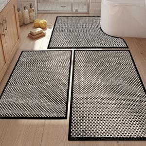 YIHOUSE Thin Bath Mat Black Bathroom Rugs Sets 3 Pieces, Non Slip Absorbent Bath Mats Quick Dry, Woven Braided Rugs Washable, Rubber Tapetes para Baño for Bathroom Toliet,Bathtub