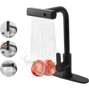 Waterfall Kitchen Faucet 360 Swivel Kitchen Sink Faucet with Pull Down Sprayer Single Handle Brass Sink Faucet for Kitchen, 3 Spray Modes, Black