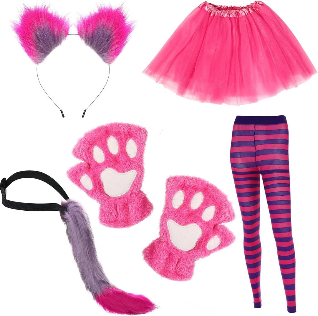 Suhine 5 Pcs Halloween Pink Purple Striped Cat Costume Include Cat Ears Tail Striped Legging Tutu Skirt Gloves for Girl Women (Large)