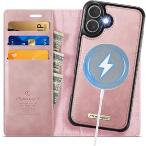 Wallet Case for iPhone 17 Compatible with Magsafe, 2-in-1 PU Leather Flip RFID Blocking Card Holder Stand Shockproof Magnetic Detachable Cover for iPhone 17 Case 6.3", Pink
