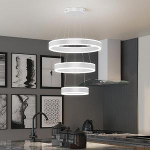O'NEELDY Modern LED Chandeliers Adjustable Hanging White Pendant Light Fixture 3 Ring Flush Mount Chandeliers for Bedroom,Kitchen,Island Cafe, 16x16x47 Inches