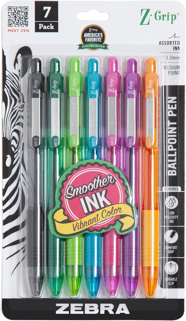 3 x Zebra Pen Z-Grip Retractable Ballpoint Pen, Smooth-Flowing Assorted Fashion Colors, 1.0mm Medium Point, School & Office Supplies, Ideal for Note-Taking, Journal and Planner Use, 7-Pack (22276)