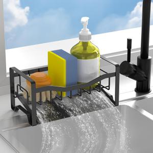 Maifan Stainless Steel Kitchen Sink Caddy Organizer with Auto Drain Tray, Sponge Holder for Countertop Storage (Matte Black)