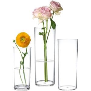 KLIFA- Carlsbad- Set of 3 pcs, 7, 9 & 10 Inch Tall, Plastic Cylinder Vases for Centerpieces, Acrylic Flower Vase for Wedding Centerpieces, Home Decorations, Clear