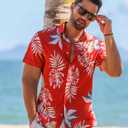 LETSEE Linen Shirts for Men Short Sleeve Blouse Button Down Dress Untuckit Shirts Beach Summer Wedding Hawaiian Outfit (Red, XXL)
