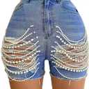 Women's Pearls Chain Denim Shorts Ripped Distressed Jean Shorts with Pockets (XX-Large)