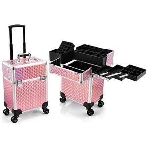 Rolling Makeup Case Extra Large Makeup Train Case 4 Tray with Sliding Rail Removable Layer Cosmetology Case on Wheels for Makeup Artists Nail Art Salon Barber Trunk Traveling Storage Pink