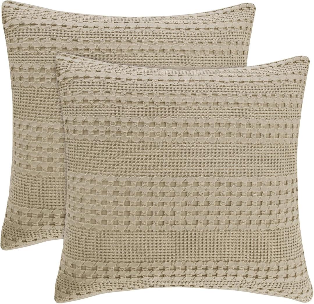 PHF 100% Cotton Waffle Weave Euro Sham Covers, 2 Pack 26" x 26" Bed Pillow Covers for Elegant Home Decor, No Filling, Luxury Aesthetic Soft Euro Pillow Cases for Bed, Khaki