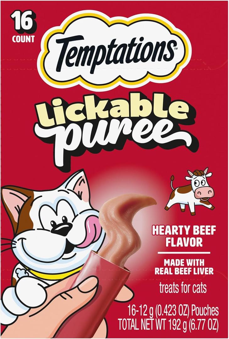 Temptations Creamy Puree Squeezable Lickable Cat Treats, Wet Cat Treats with Beef Liver, 0.42 oz. Tubes, 16 Count (EXP 10/17/27)