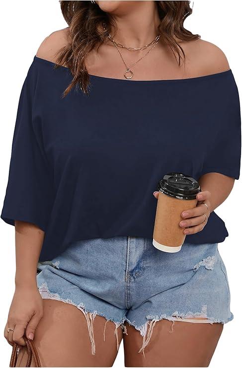 RoseSeek Women's Plus Size Off Shoulder Tops Short Sleeve Ruched T Shirt Casual Summer Tees Deep Blue 3XLarge Plus RoseSeek Women's Plus Size Off Shoulder Tops Short Sleeve Ruched T Shirt Casual Summer Tees Deep Blue 3XLarge Plus