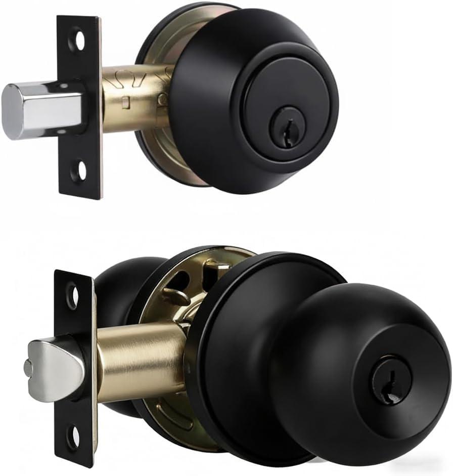 Front Door Lock Set Exterior Door Lock Set with Deadbolt, Single Cylinder Deadbolt Lock and Door Knob Set, Keyed Alike,Matte Black Door Knob and Deadbolt Set(1Pack Set)