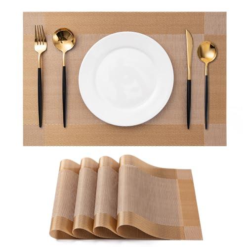 CADONO Placemats Set of 4 Washable Indoor/Outdoor Vinyl Place Mats for Dining Table Durable Non-Slip Heat Resistant PVC Weave Table Mats（Gold Cube）