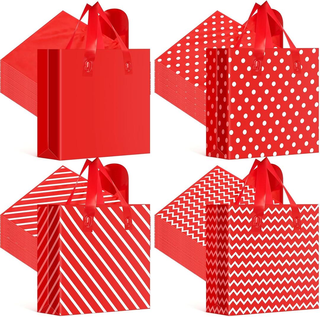 Tenceur 100 Pcs Plastic Christmas Gift Bags with Handle Red and White Stripes Polka Dot Shopping Bags 13'' x 10'' Large Merchandise Tote Bulk for Christmas Holiday Party Favor Gift Wrapping