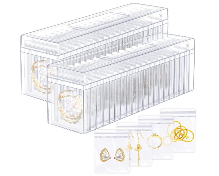 Kenning 42 Pcs Acrylic Jewelry Case Organizer, Clear Jewelry Organizers Holder with Portable Anti Tarnish Storage Bags for Rings, Earrings, Necklaces, Ideal Gifts for Women (Clear)