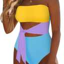 Viottiset Women's Bandeau One Piece Swimsuit Strapless Tie High Cut Out Bathing Suit (X-Large, Yellow Blue)