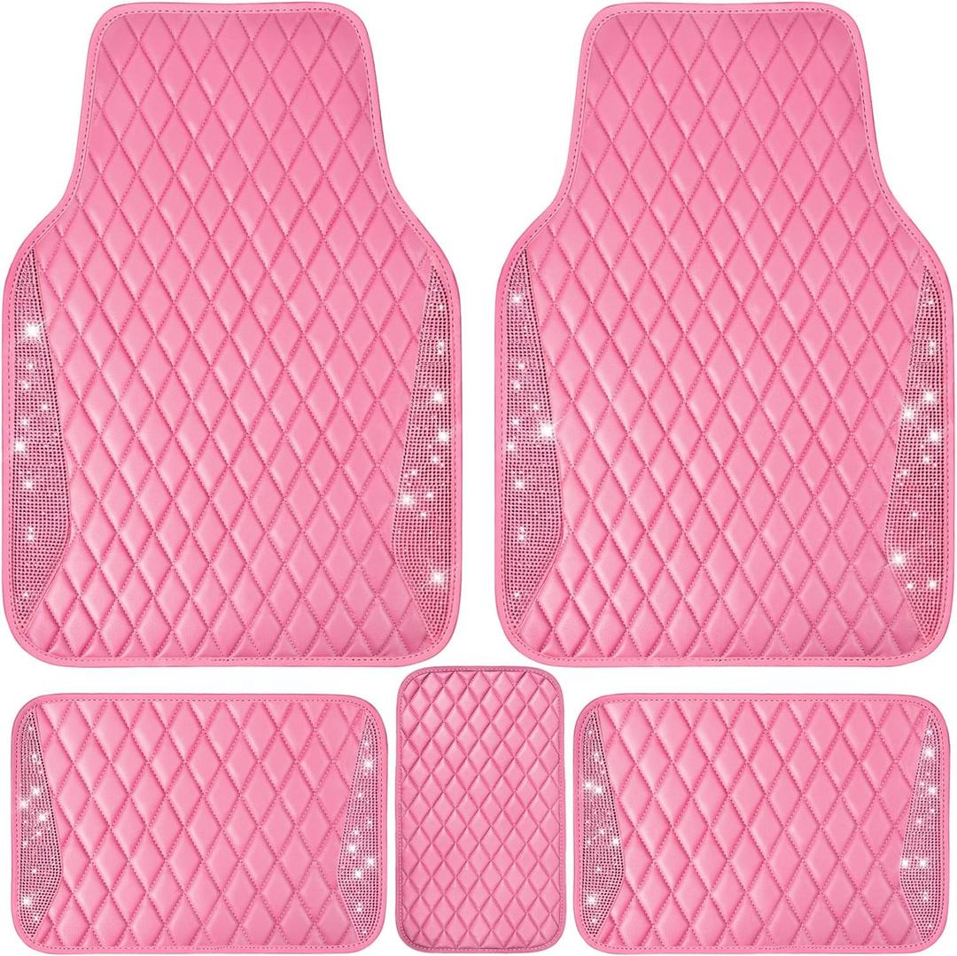CAR PASS Bling Leather Car Mats Shining Diamond Floor Mats Crystal Rhinestones Sparkly Glitter Carpet Anti-Slip Waterproof Pad Universal Fit for Automotive SUV, Sedan, Van, 5pcs for Girl Women Pink (Front And Rear[5PCS])