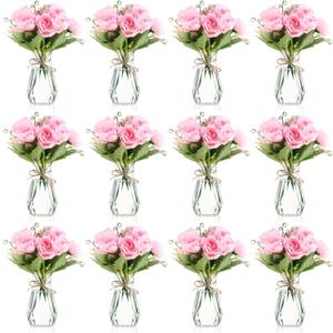 Zeyune 37 Pack Artificial Peonies Flowers with Bud Vase Bulk 24 Bundles Silk Peonies Bouquets 12 Plastic Clear Vase with 1 Rope Fake Flowers for Table Centerpiece Vases(Pink,Perfume)