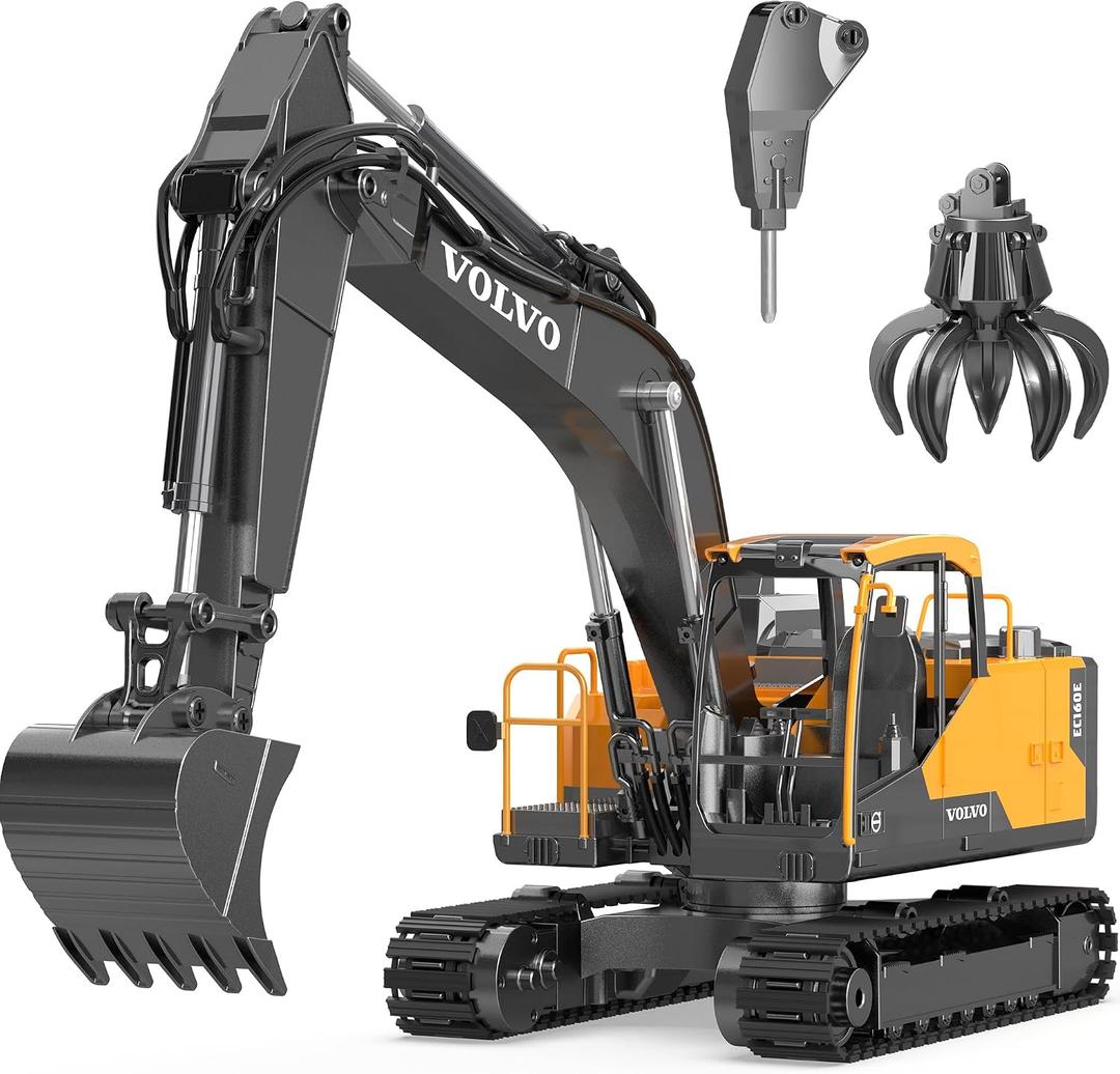 DOUBLE E Volvo 1:16 Scale RC Excavator 3-in-1 Construction Toys with 360 Rotation, Metal Shovel, Drill & Grabber Professional Grade Remote Control Engineering Vehicle, 27.17 inches