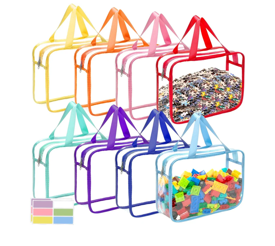 8 Packs 8 Colors Large Toy Storage Bags with Zipper and Labels, Clear PVC Waterproof Toy Organizers Bags for Board Games, Puzzles Pieces, Building Blocks, Handmade Accessories, Kid Books