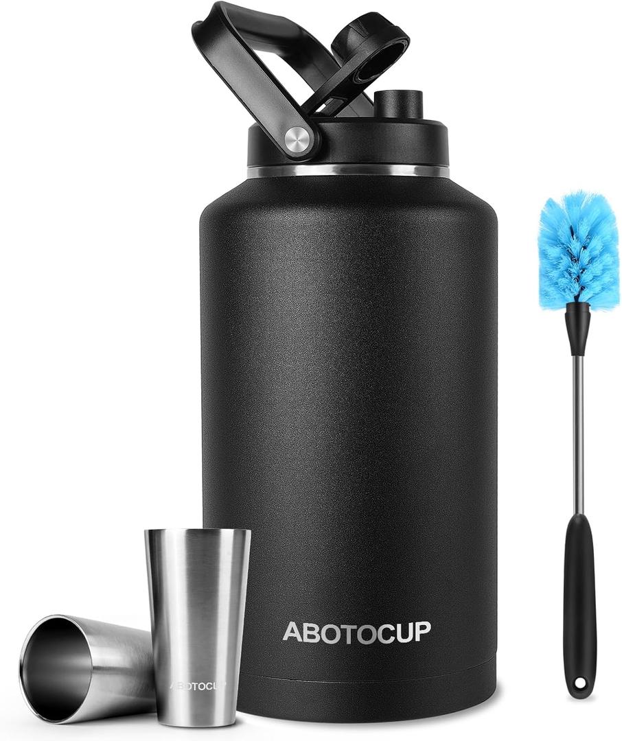 2 Gallon Water Jug with Wide Mouth, 256oz Insulated Water Bottle Keep Cold24h&Hot12h, Comes with Ergonomic Handle, Two Double Walled 16oz 18/8 Stainless Steel Cups Thermo Canteen Mug (Black)