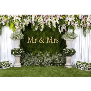 Yeele 10x8ft Wedding Reception Backdrop for Photography White Curtain Floral Lawn Greenery Mr and Mrs Background for Wedding Bridal Shower Bride to Be Engagement Event Supplies Photo Shoot Props