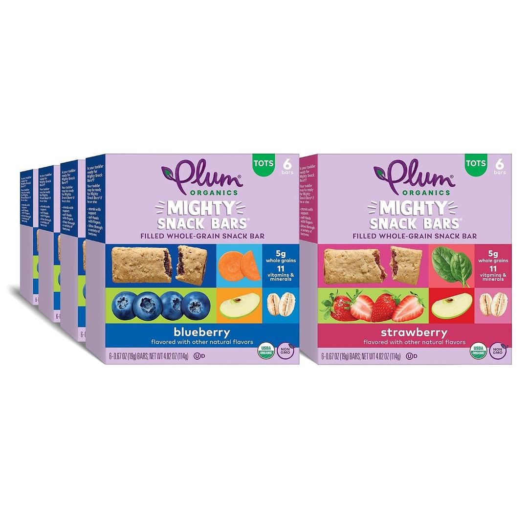 Plum Organics Mighty Snack Bars Variety Pack - Blueberry and Strawberry - 0.67 oz Bars (Pack of 48) - Organic Fruit and Vegetable Toddler Food Snack Bars (EXP 04/30/26)