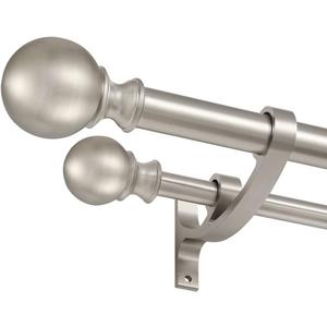 Double Curtain Rods for Window 28-48 Inches, Adjustable Double Drapery Rod with Round Finials, 1-Inch Front and 5/8 Inch Back Double Rod Curtain, Brushed Nickel