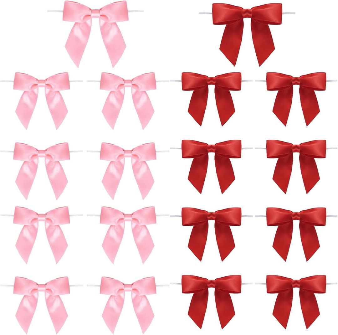 50 Pcs Twist Tie Bows for Treat Bags Satin Ribbon for Crafts Party Favors Wedding Baby Shower Decor (Red and Pink)