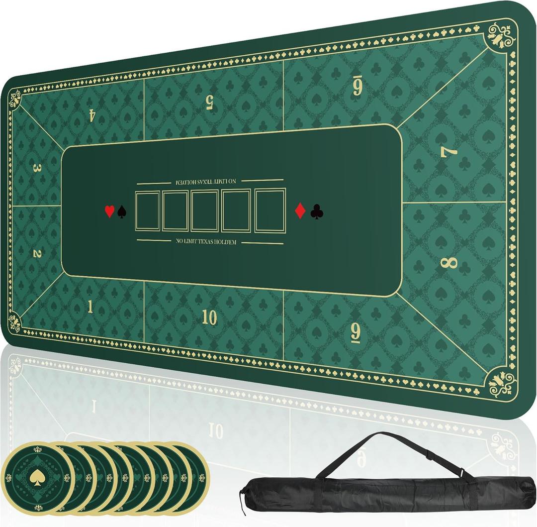 ORIENGEAR Poker Mat 70x35 Inch, 10 Player Poker Table Topper with Non-Slip Rubber Base & Carry Bag, Professional Blackjack Table Top for Texas Holdem, Home Casino Game Nights (Green)