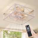 LEDIARY Caged Low Profile Ceiling Fans with Lights and Remote, White Square Flush Mount Ceiling Fan, 6 Speed and Reversible, Small Farmhouse Bladeless Ceiling Fan for Bedroom, Kitchen, Dining Room (White Brushed Gold)