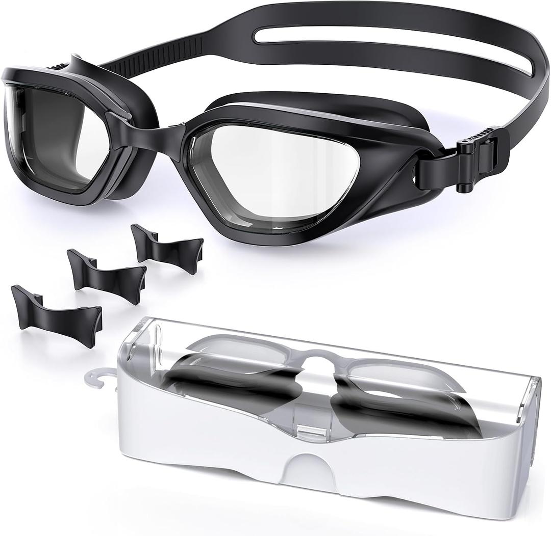 Swim Goggles, Unisex Adult Swimming Goggles Anti Fog Anti UV No Leakage Wide View for Men Women Youth,Black/Clear Smoke