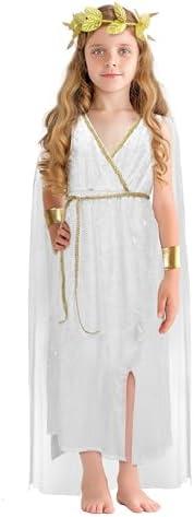 JEGERMIG Greek Costume Kids Toga Roman Goddess Athena Children Halloween Cosplay Grecian Dress Up Outfit Set, L