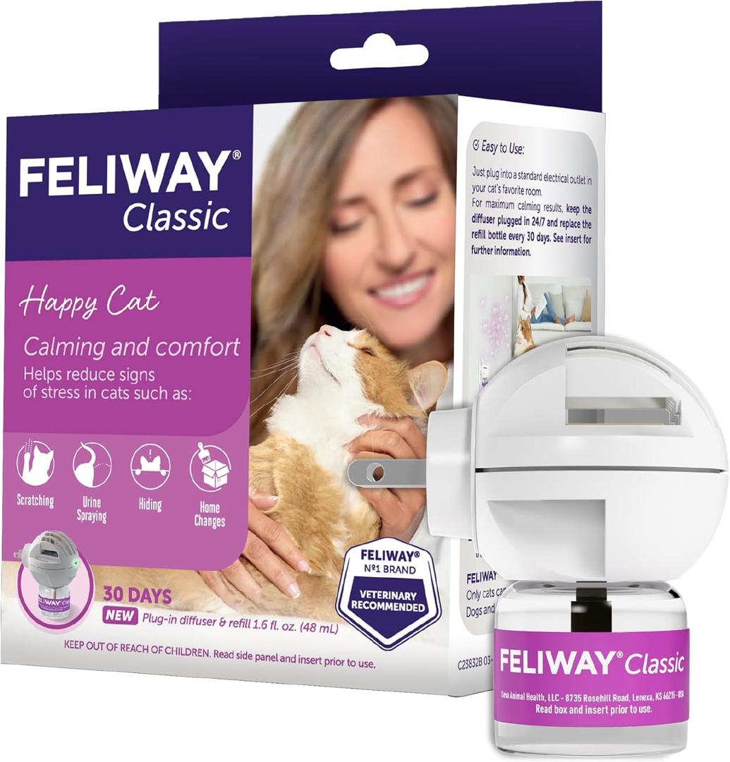 FELIWAY Classic Cat Calming Diffuser Kit – Helps Reduce Stress‑Related Behaviors Like Urine Spraying, Scratching, and Hiding – 30‑Day Cat Pheromone Plug In Diffuser