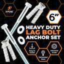 Concrete Anchors Set with 6" Lag Bolt, Lag Shield and Washer - 12 Sets per Pack - 1/2" Bolt Lag Screws 6-Inch for Parking Curb Stop - Galvanized Steel Lag Bolts