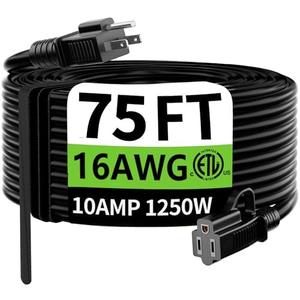 HUANCHAIN Indoor Outdoor Black Extension Cord 75 Ft Waterproof, 16/3 Gauge Flexible Cold-Resistant Appliance Extension Cable Outside, 10A 1250W 16AWG SJTW, 3 Prong Heavy Duty Electric Cord, ETL