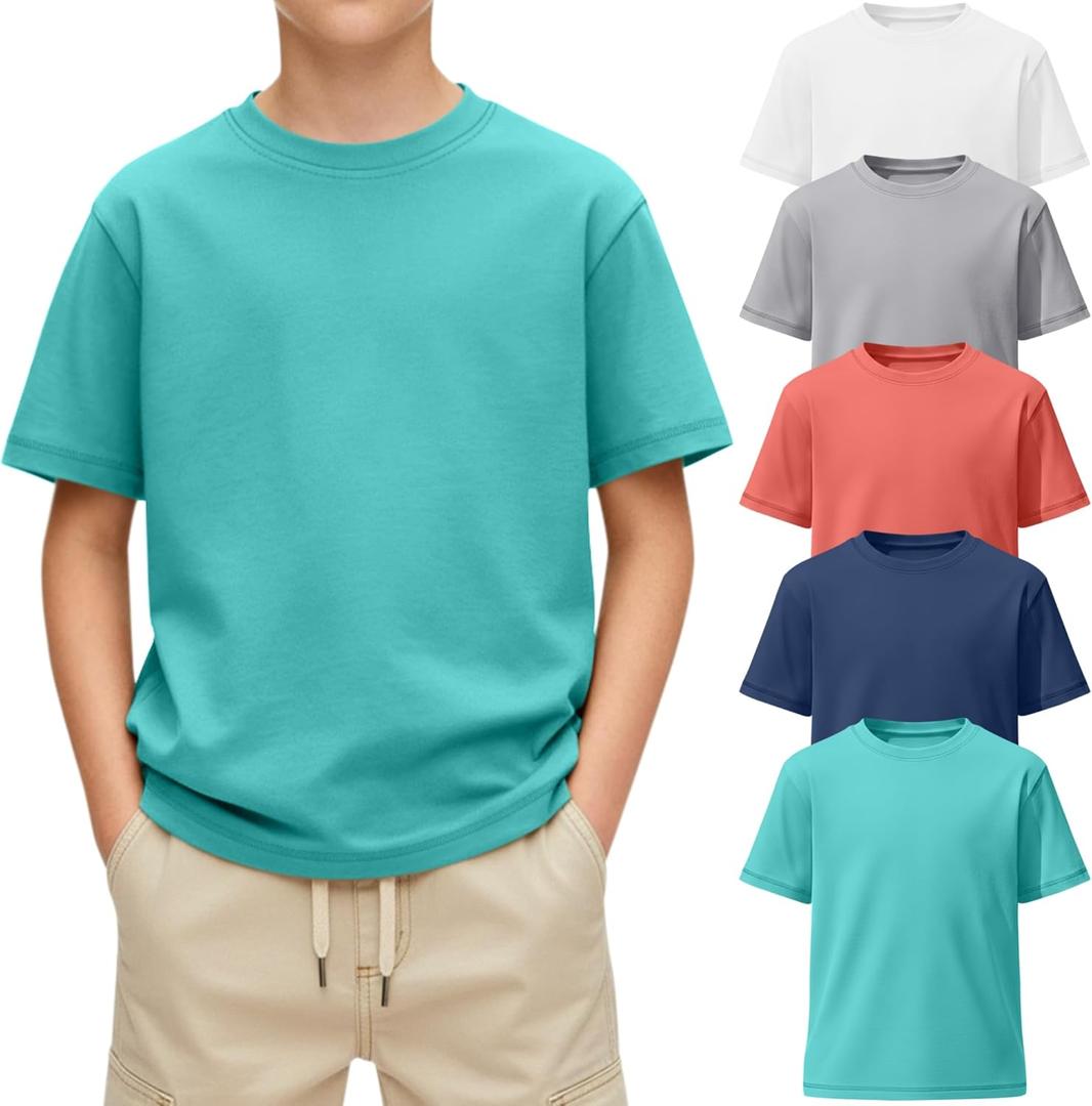 Oakgarden 5 Pack Boys Short Sleeve T-Shirts 5-16Y Kids Crew Neck Layering Casual Tops Summer Loose Fit Basic Shirts Tees