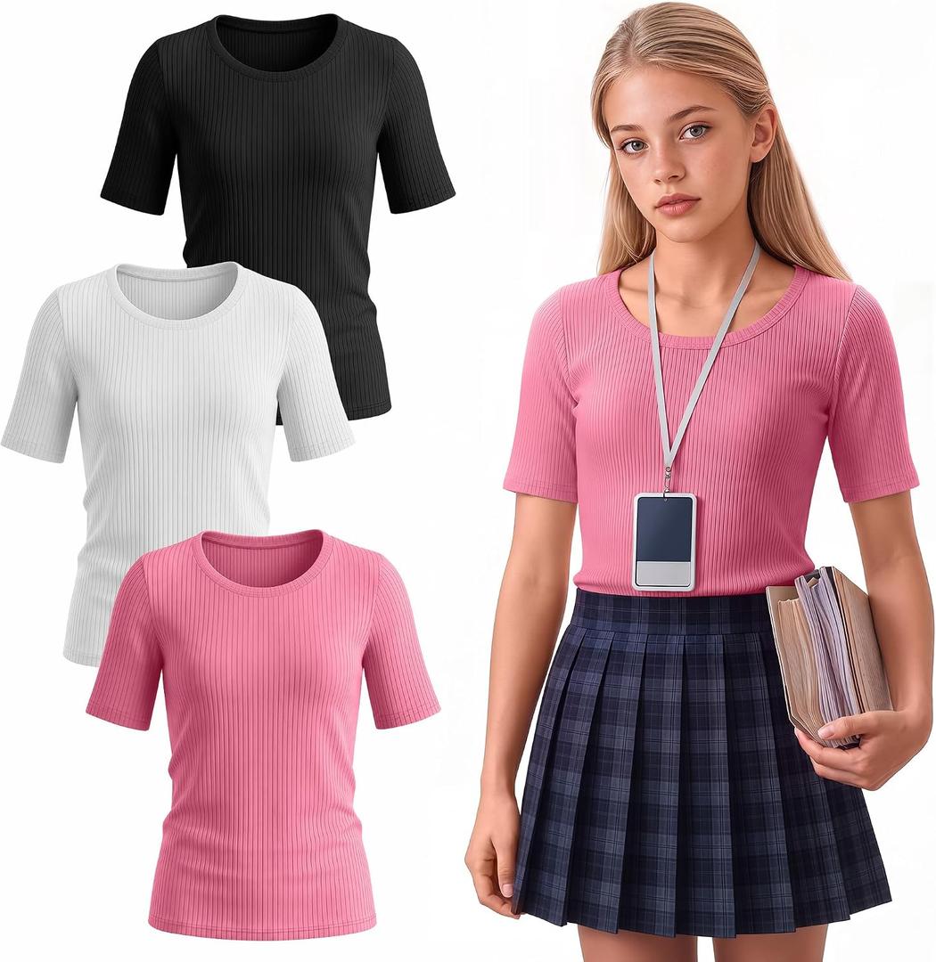 3 Pack Girls Ribbed T-Shirts | Short Sleeve, Crewneck, Slim Fit, Stretchy, Soft, Athletic, Basic Tees, Summer, Kids 5-14 Years