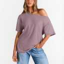 Trendy Queen Womens Off The Shoulder Tops Oversized T-Shirts Short Sleeve Tees Summer 2025 Casual Spring Fashion Clothes (Purple, L)
