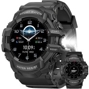 MIDDOW Military Smart Watch with Flashlight (Answer/Make Call) Compass, Heart Rate/Sleep/Pedometer/100+ Sports Modes, Fitness Tracker IP68 Waterproof, Long Battery Life Android & iOS (Black)