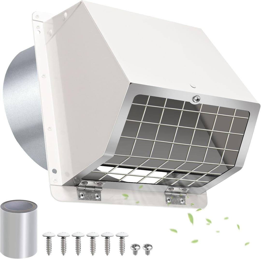 6 Inch Hooded Wall Vent with Flap and Mesh,6 inch Dryer Vent Cover, 6'' Exhaust Vent Cover Cap for Kitchen Range Hood/Dryer/Bathroom Exhaust Duct,Wall Mount Exterior Vent Hood Outdoor with Large Opening (White)